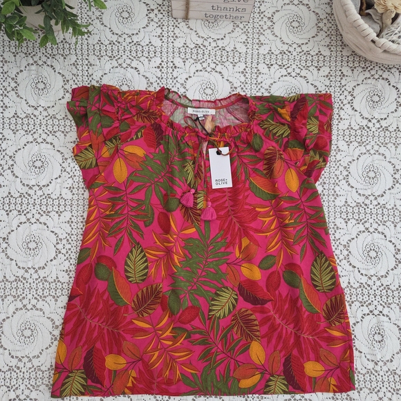 Rose & Olive Hot Pink Tropical Tie-Neck Cap Sleeve Top Size L - Picture 3 of 5
